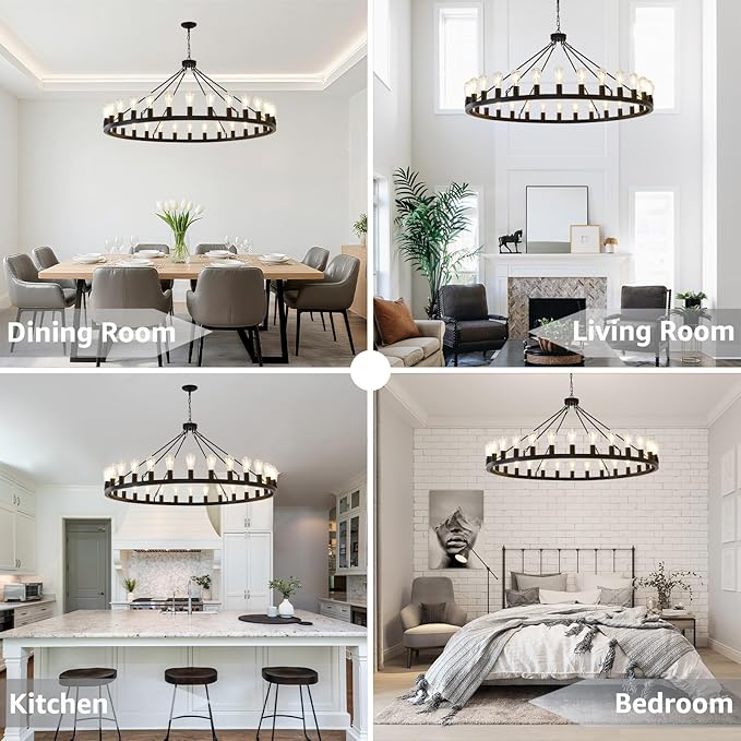 NILSE 53-Inch 30-Light Wagon Wheel Light Fixture, Black Farmhouse Chandelier for Living Room Dining Room, Extra Large Foyer Chandeliers for High Ceilings, Entryway, Bedroom, E26