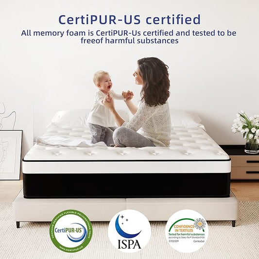 Full Mattress, 12 Inch Full Hybrid Mattress in a Box with Memory Foam, Medium Firm, Euro Top, Reinforced Edge Support, Pressure Relief & Motion Isolation, CertiPUR-US Certified