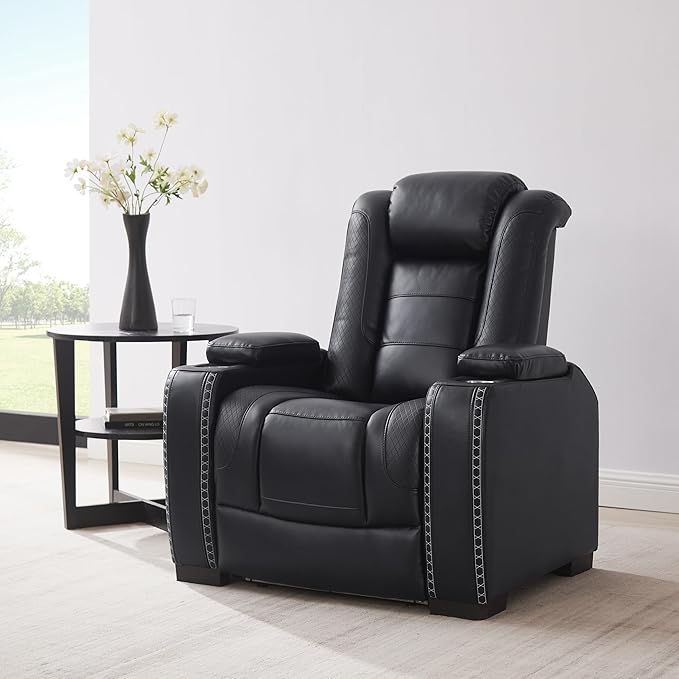 THSUPER Brown Leather Power Theater Recliner Chair with Arm Storage and LED Lights, Reclining with Power Headrest and Cup Holders for Living Room Furniture. Black Chair