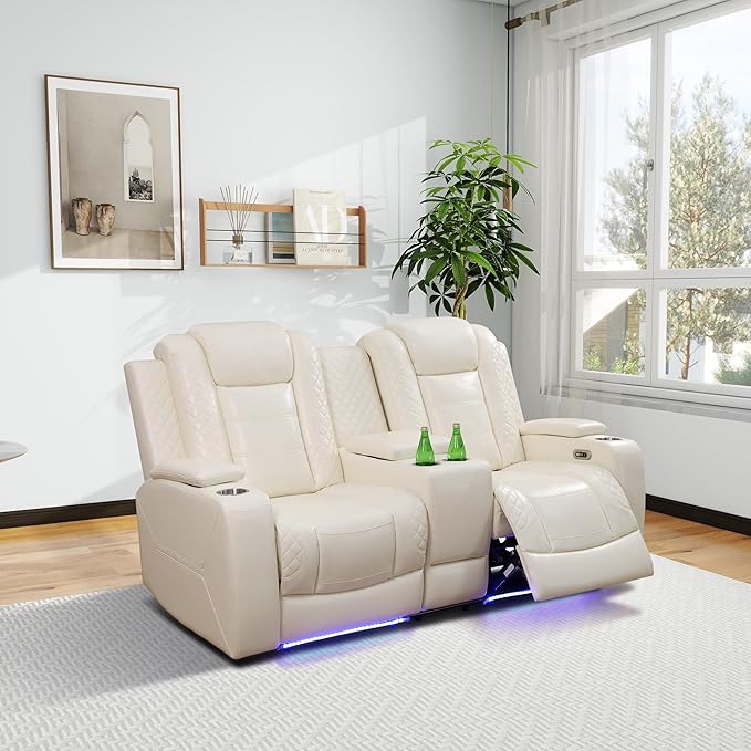 Air Leather Recliner Loveseat with Cup Holder&Storage Console, Reclining Couch for RV Living Room Home Theater (Cream White, Upgared)