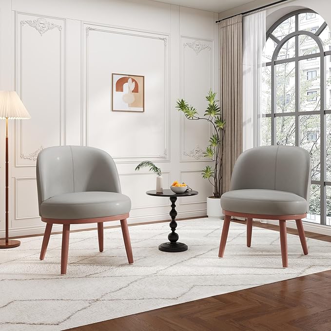 Accent Chair Set of 2, PU Leather Mid-Century Modern Chair for Small Space, Comfy Upholstered Armless Chair, for Living Room, Bedroom, Light Gray
