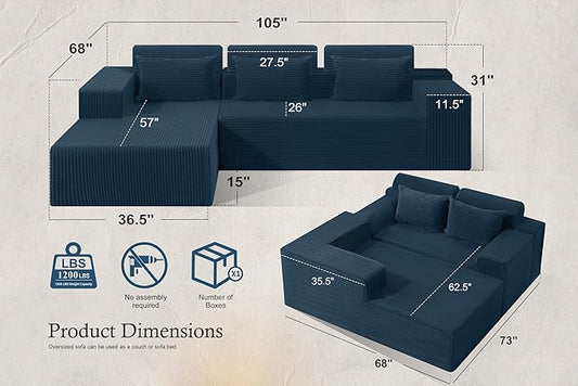 HABUTWAY Sectional Couches for Living Room,No Assembly L Shaped Couch 105" Modular Sectional Sofa Couch with Deep Seat,Cloud Couches Furniture Sets for Apartment,Corduroy (Blue, Left Facing)