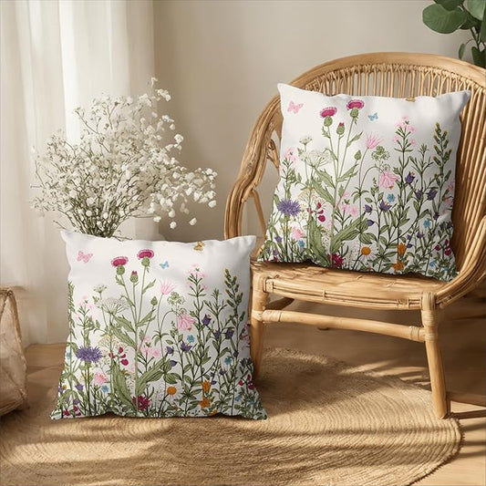 Spring Vintage Floral Pillow Covers 22x22 Set of 2 Sage Green Wildflower Plant Outdoor Throw Pillows Case Summer Rustic Wild Flowers Botanical Print Pillowcase for Farmhouse Sofa Couch Bed Decor