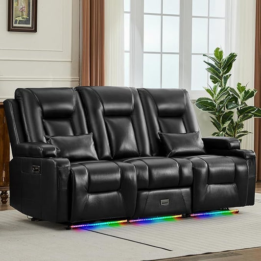 URRED Power Loveseat Recliner Sofa with Console, Wall Hugger Reclining Loveseat RV Couch with LED Light, 150° Zero Gravity Recliners Modular Couches for Living Room (Glossy Black, 77.3'' - 3 Seats)