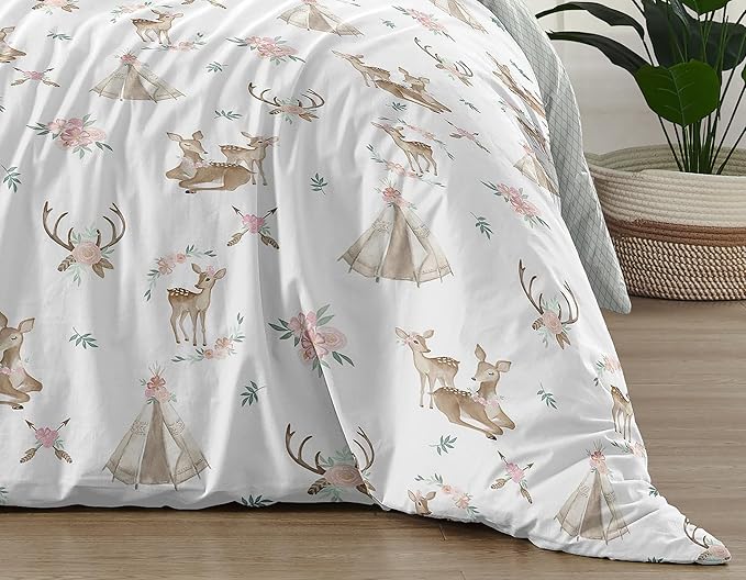 Sweet Jojo Designs Blush Pink, Mint Green and White Boho Watercolor Woodland Deer Floral Girl Full/Queen Kid Teen Bedding Comforter Set - 3 Pieces