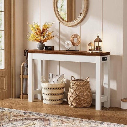 Cyclysio 47" Console Tables for Entryway, Narrow Console Tables for Living Room, Behind Couch Table, Sturdy Wood Support Hallway Table with 3AC+2USB Charging Station, Rustic Oak