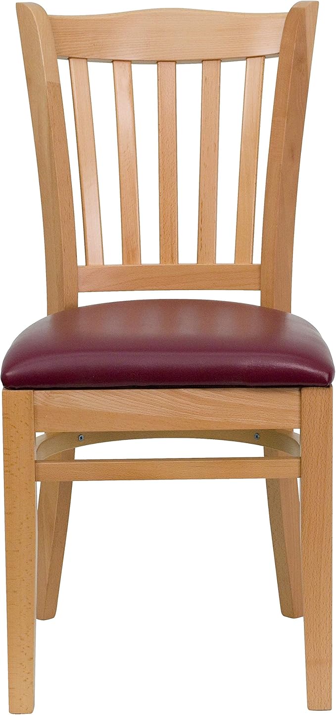 Flash Furniture HERCULES Series Vertical Slat Back Natural Wood Restaurant Chair - Burgundy Vinyl Seat