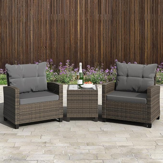 Shintenchi 3 Pieces Patio Furniture Set 3 Pieces PE Rattan Wicker Chairs with Table Outdoor Furniture for Backyard/Garden/Poolside/Outdoor Restaurant Gary Rattan with Gary Cushion