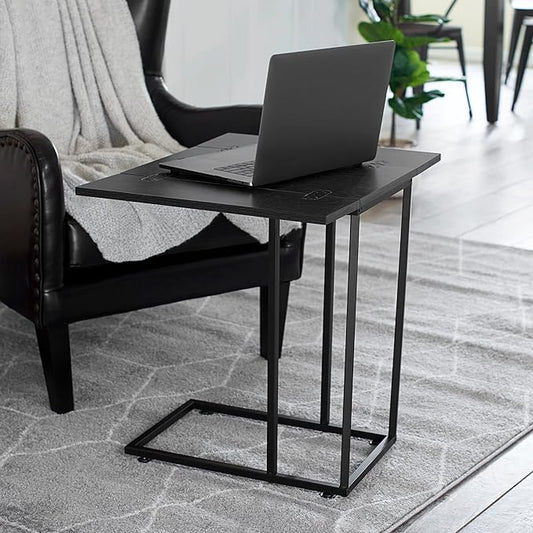Household Essentials Jamestown Extendable C-Shaped for Accessiblity Side End Table Black Oak Wood Grain and Black Metal
