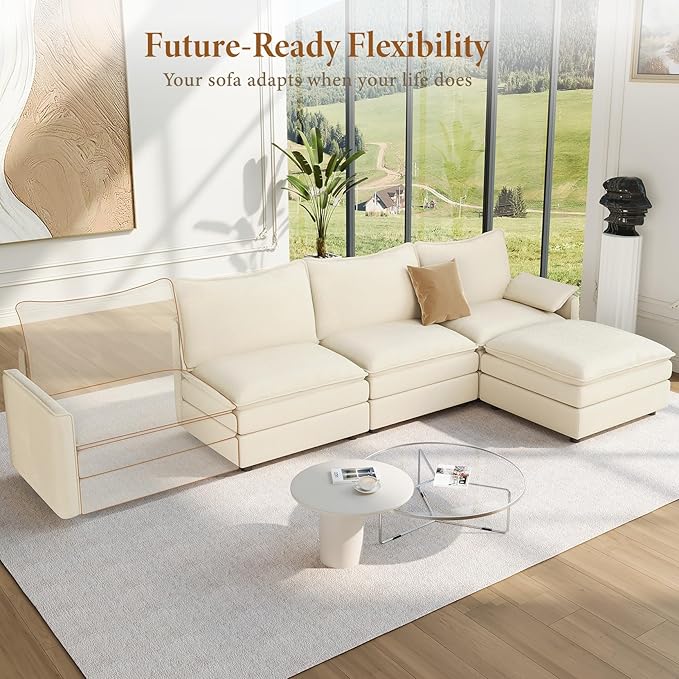 Vesgantti 108" Modular Sectional Sofa, Comfy Cloud Couch with Movable Ottoman Deep Seat Chenille L Shaped Modular Sofa, Sectional Couches for Living Room, Bedroom and Apartment, Beige White | Sink-in Comfort, Height Adjustable, Easy Rearrangement, Extr...