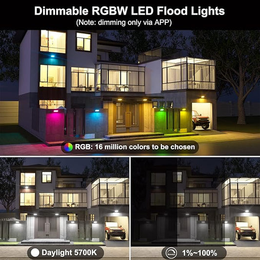 Flood Lights Outdoor RGB with Stake, 500W Equivalent Smart Color Change & Daylight 5700K Landscape Light, IP66 Patio Lights via App Control, Indoor Ambient Lighting, DIY Scenes/Music Sync/Timing-4Pack