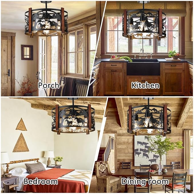 Farmhouse Rustic Horse Ceiling Light Fixtures, 4-Light Round E26 Base Black Metal Wooden Fixture for Kitchen, Living Room,Foyer, Bedroom, Hallway-16.5" L* 16.5" W * 11.8" H