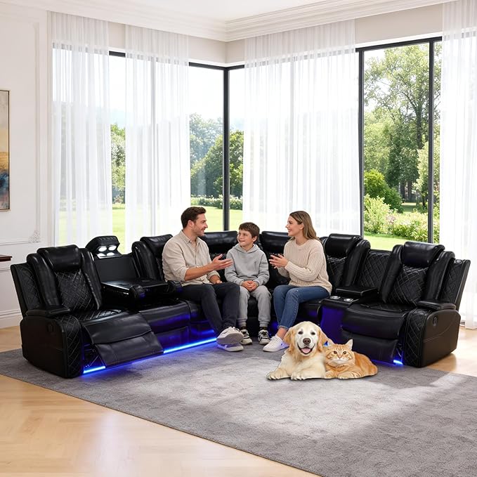 Power Reclining Leather Sectional Couch with Home Theater Seating, Air Leather Recliner Sofa with LED Lighting, Cup Holders and Storage, Modern Reclining Couch for Living Room/Bedroom, Black