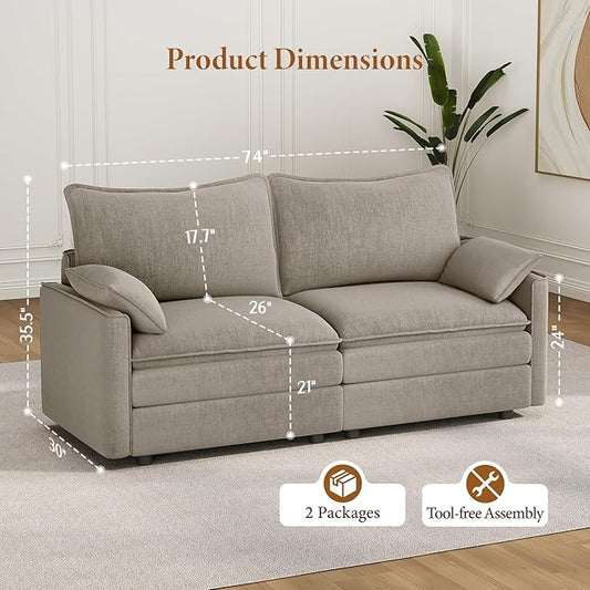 Vesgantti 74" Loveseat Sofa for Living Room, Comfy Cloud Couch Deep Seat Chenille Modern 2 Seater Small Sofa with Armrest Pillow, Easy Assembly for Small Spaces, Light Brown | Sink-in Comfort, Height Adjustable, Easy Rearrangement, Extra-deep Ottoman, ...