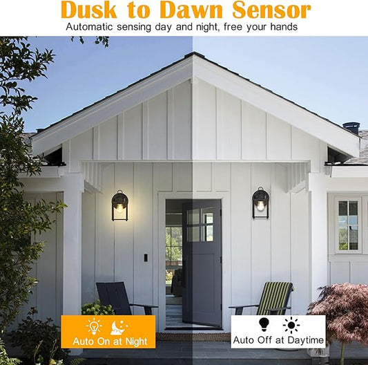 Dusk to Dawn Outdoor Wall Lantern, Exterior Waterproof Sconces Lighting Wall Mount, Front Porch Light, Anti-Rust Metal Outside Light Fixtures with Clear Glass, Matte Black, 4-Pack