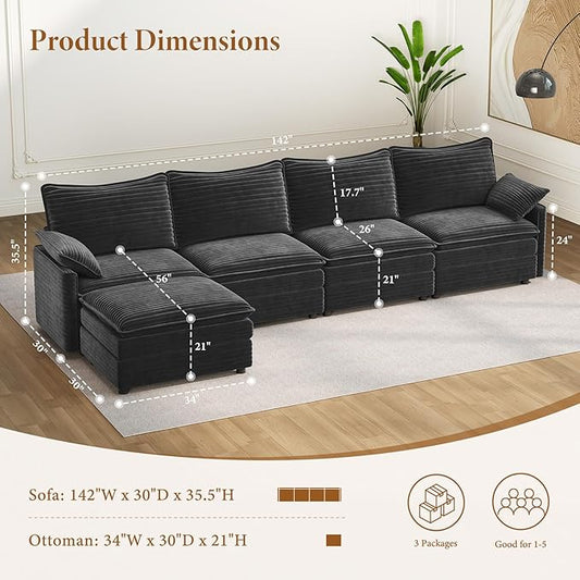 Vesgantti 142" Cloud Couch Sectional Modular Sofa, Comfy Sectional Couch with Ottoman Deep Seat Corduroy L Shaped Sofa, Modular Couches for Living Room, Bedroom and Apartment, Gray | Sink-in Comfort, Height Adjustable, Easy Rearrangement, Extra-deep Ot...