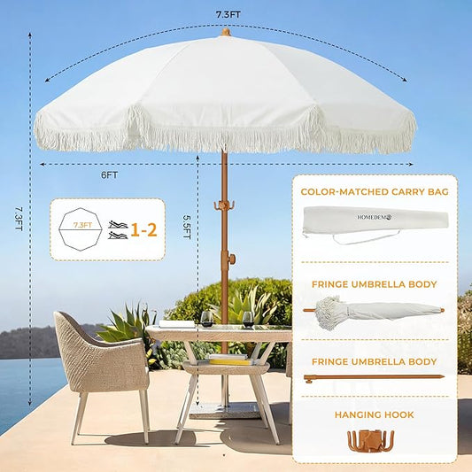 HOMEDEMO Boho Patio Umbrella with Fringe, Outdoor Tassel Umbrella with UPF50+ Sun Protection and Push Button Tilt, Premium Aluminum Pole & Fiberglass Ribs, Includes Hanging Hook
