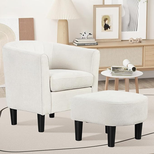 KOMFOTT Accent Chair with Ottoman, Upholstered Teddy Velvet Barrel Chair with Footrest, Comfy Club Sofa with Curved Backrest, Thick Seat Cushion, Modern Arm Chair for Living Room, Bedroom, Beige