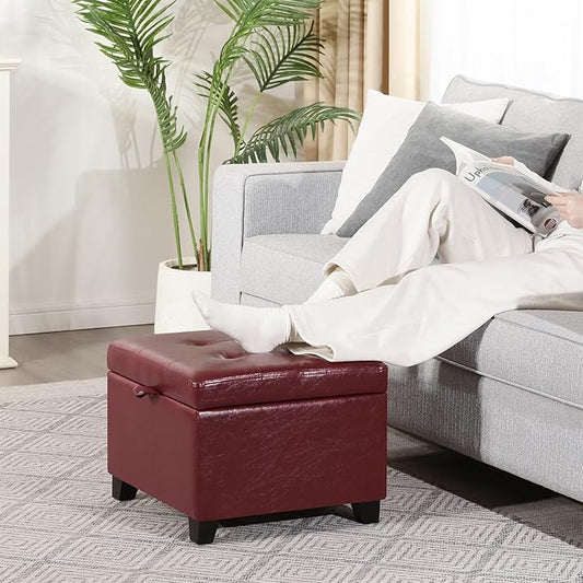 Adeco Faux Leather Storage Ottoman, 17.5" Square Cube Footstool for Living Room & Bedroom, Tufted Vanity Stool with Hinged Lid and Solid Wood Legs, Red