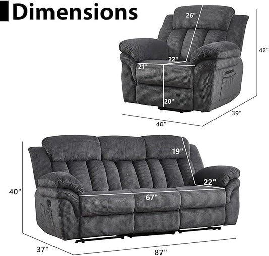 CANMOV Recliner Sofa Set, 2 Oversize Power Lift Recliner Chair and Manual Loveseat with Overstuffed Armrest for Living Room,Bedroom Furniture,Office,1+1+3 Seat, Grey