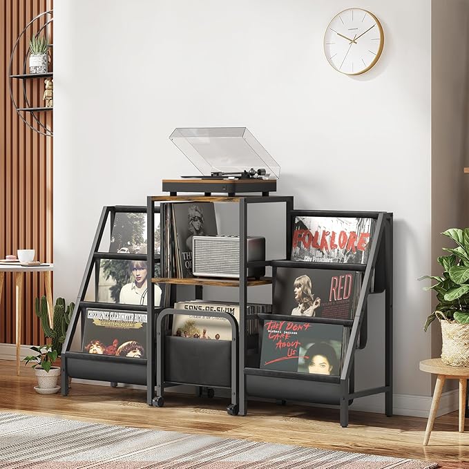 Record Player Stand with Vinyl Storage Cart, Record Player Table with Record Storage 200 Albums, Turntable Stand with Record Holder Vinyl Display Shelf, Record Cabinet Media Stereo