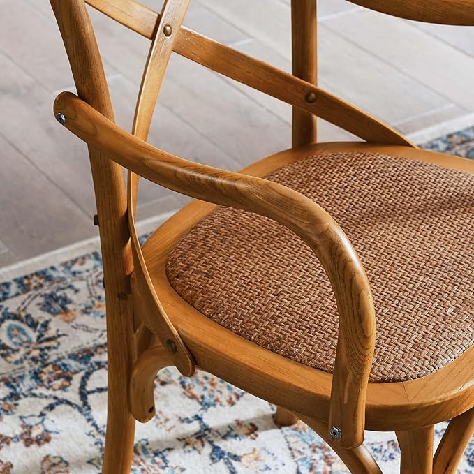 ModwayEEI-1538-WALGear Modern Farmhouse Cross Back Solid Elm Wood Dining Armchair With Rattan SeatFour Dining Chair SetWalnut
