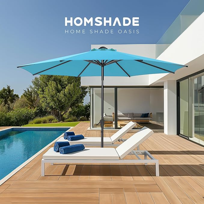 HOMSHADE Outdoor Patio Umbrella - Market Table Pool Deck Umbrella with Push Button Tilt, Crank, UPF50+ UV Protection and Sturdy Ribs, 3-Year Fade Resistance, 220GSM Solution-Dyed Fabric (No base)