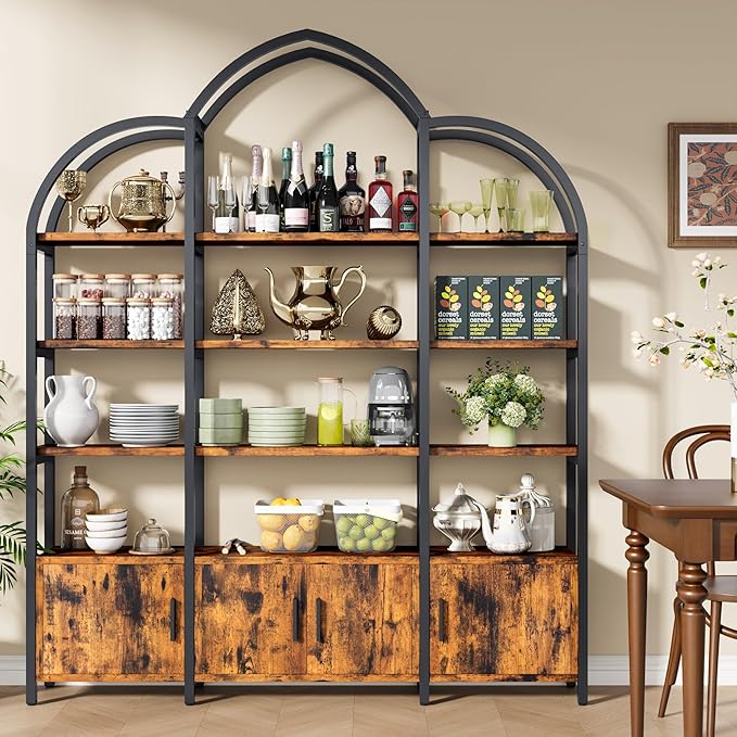 86" Triple Wide Bookshelf and Bookcase with 3 Cabinets, Tall Arched 5 Tier Industrial Etagere Open Bookshelves, Wood Book Shelf for Bedroom Living Room (Vintage Brown)