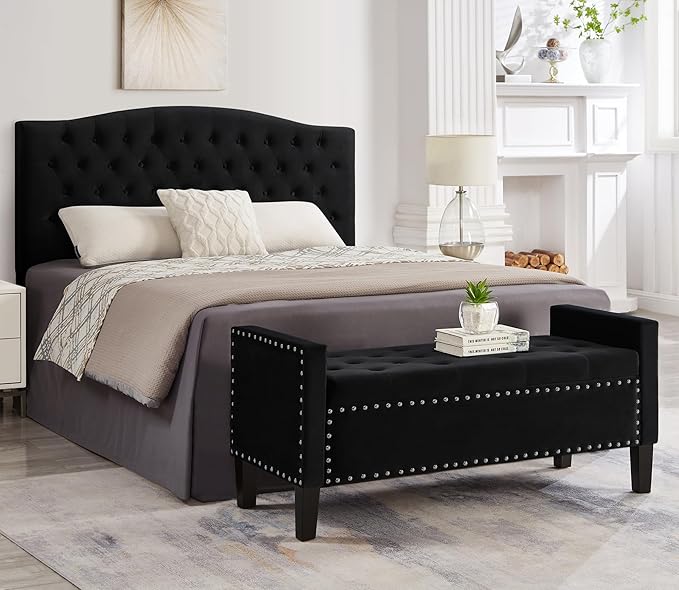 Velvet Storage Ottoman with Armrests, Upholstered Button Tufted Entryway Bench with Nails Trim for Bedroom End of Bed, Living Room,Black