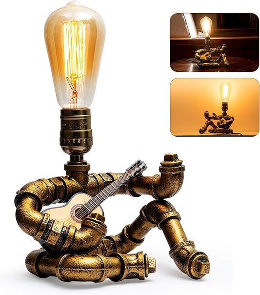 Music Guitar Table Lamp,Steampunk Table Lamp,Retro Guitars Steampunk lamp,Cool Industrial Metal Tube Robot Lamp Gifts for Music Lovers