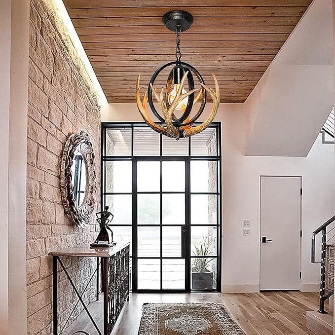 Rustic Antler Chandelier, 14" Farmhouse Chandelier with Resin 4 Antlers and Retro Metal Globe Chandelier Vintage Style for Dining Room, Kitchen, Hallway, Pendant Lights