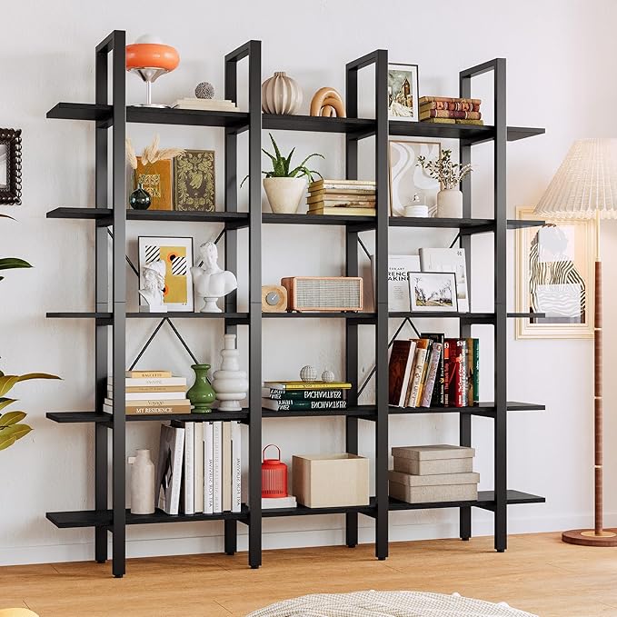 IRONCK Bookshelves Triple Wide 5 Tiers Large Open Shelves, Display Shelf with Back Fence for Home Office Decor, Easy Assembly, Vintage Black