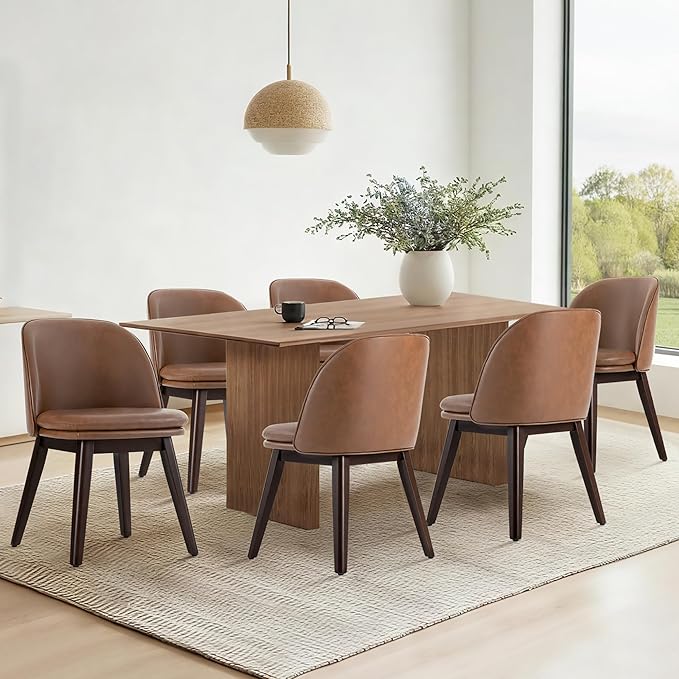 Wooden Dining Chairs Set of 2, Faux Leather Upholstered Modern Dining Room Chairs with Double-Layer Thick Seat Cushion & Ergonomic Backrest for Restaurant, Kitchen and CafΓ©, Brown