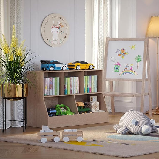 DINZI LVJ Toy Storage Organizer, Kids Bookshelf, Wooden Toy Storage Cabinet, 5 Cubby Children Bookcase, 43.3" L Toddler Book Shelf for Playroom, Living Room, Nursery, Hallway, School, Natural