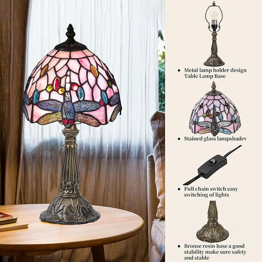 Tiffany Table Lamp,3 Color-Temperature Dragonfly Stained Glass Lamp,8 Inch Tiffany Style Lamp for Bedroom Living Room Home, Handcrafted Light, Included Bulb (Pink)