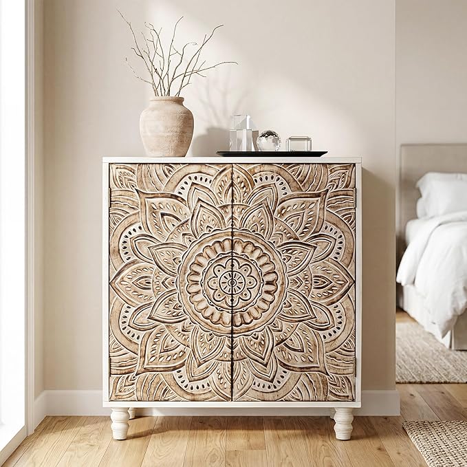 COSIEST 32" W Sideboard Buffet Cabinet with Storage, Accent Cabinet with 2 Push-to-Open Magnetic Doors, Vintage MDF Buffet Table for Living Room, Kitchen, Hallway (Gray,Lotus Pattern) | with Storage, Accent Cabinet, Vintage, Buffet Table, Lotus Pattern