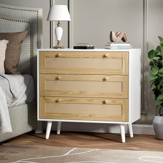 3 Drawer Rattan Dresser for Bedroom, Modern Wooden Dresser Chest with Handles for Bedroom, Hallway and Living Room, White