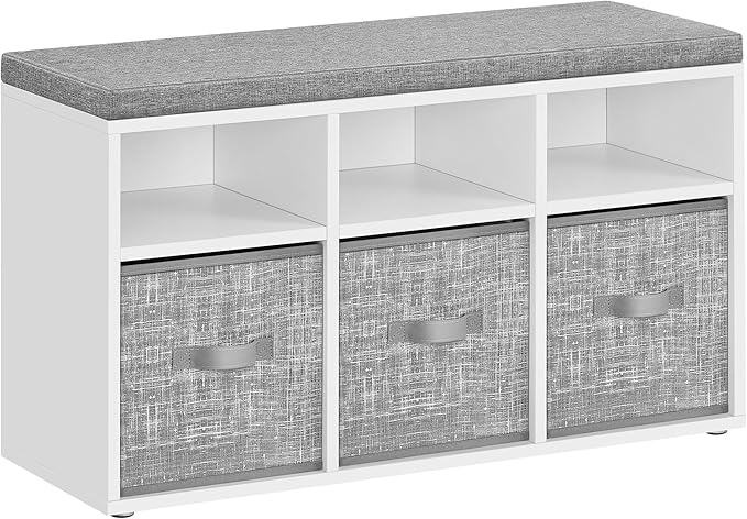 VASAGLE Shoe Bench with Cushion, Shoe Storage Bench with 6 Compartments and 3 Adjustable Shelves, Entryway Bench with 3 Storage Boxes, for Bedroom, Closet, Living Room, Cloud White ULSB101W14