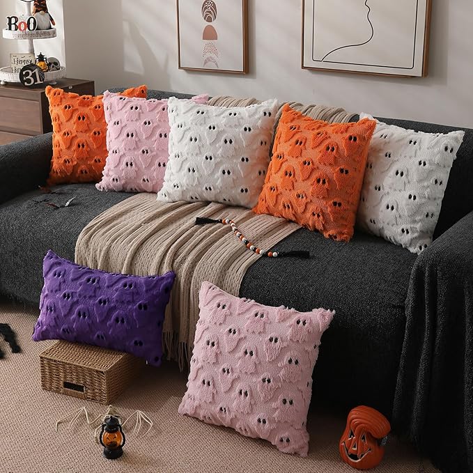 DFXSZ Halloween Pillow Covers 12x20 inch Set of 2 Purple Ghost Throw Pillow Cases Soft Plush Faux Fur Wool Couch Cushion Case for Chair Sofa Bedroom Living Room Home Decor PTK03E12