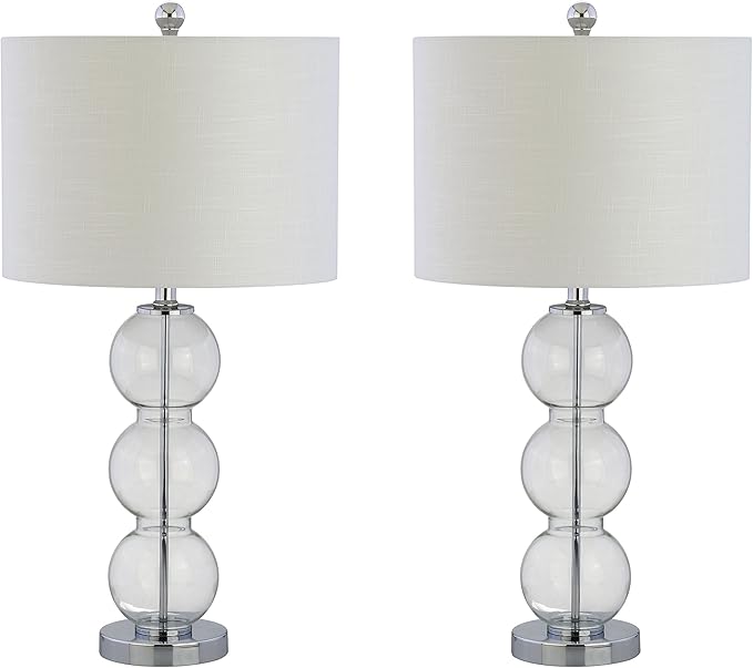 JONATHAN Y 27" Clear/Chrome Triple-Sphere Glass Table Lamp Set of 2, Bedside, White Linen Shade, Modern Table Lamps for Living Room, Bedroom, Office, LED Bulbs Included (JYL1070D-SET2)