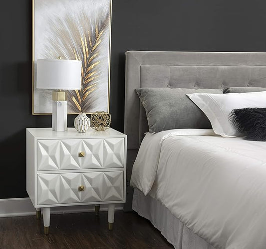 Linon Home Décor Sheerah Two Drawer Geo Texture White Nightstand, Gold