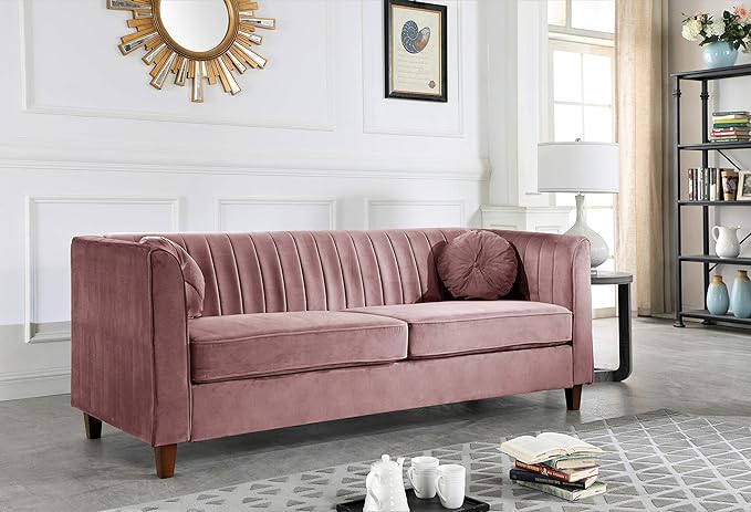 Container Furniture Direct Arvilla 2 Piece Velvet Sofa Set with Bolster Pillows, Mid Century Modern Design, Chesterfield-Inspired Couch and Loveseat for Living Rooms, Salmon