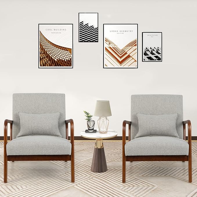 Giantex Set of 2 Modern Accent Chair with Pillow - Comfy Upholstered Lounge Armchair with Anti-Slip Felt Pads, Wooden Frame Soft Padded Arm Chairs for Living Room, Bedroom, Study, Grey