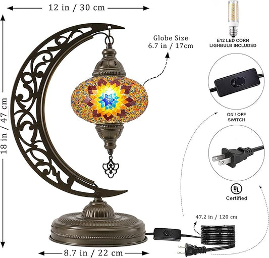 Mozaist Turkish Tiffany Style Moon Shape Table Lamp, Moroccan Mosaic Crescent Handcraft Desk Light, Rustic Stained Glass Dining Room, Bedside Colorful Home Decor with E12 Socket & US Plug (Sunflower)