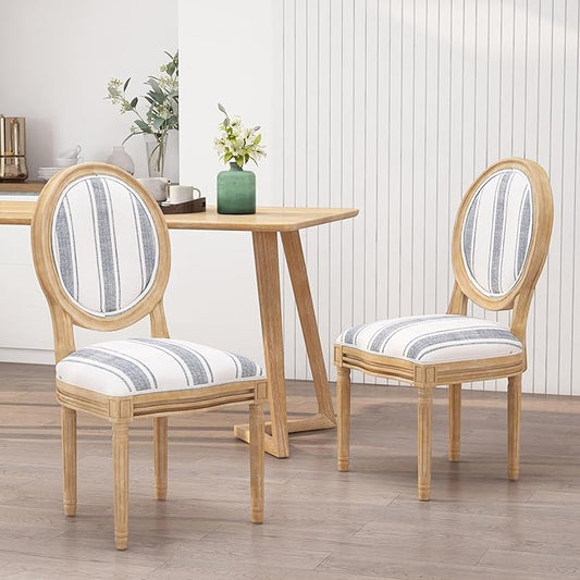 Christopher Knight Home Phinnaeus Dining Chair Set, Set of 2, Rubberwood, Dark Blue Line + Natural