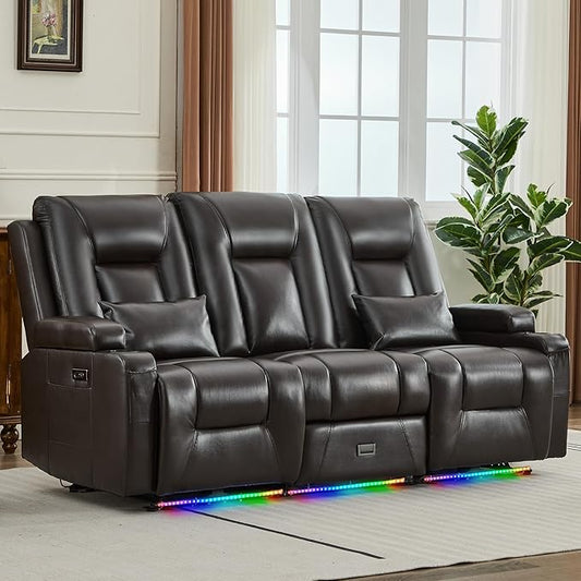 URRED Power Loveseat Recliner Sofa with Console, Wall Hugger Reclining Loveseat RV Couch with LED Light, 150° Zero Gravity Recliners Modular Couches for Living Room (Glossy Brown, 77.3'' - 3 Seats)