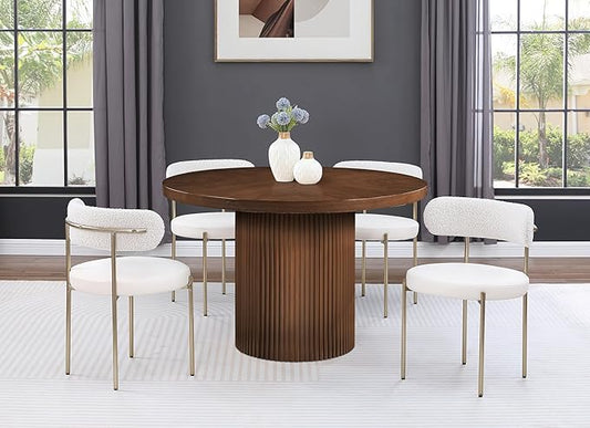 Meridian Furniture 728Brown-T Belinda Collection Mid-Century Modern Dining Table, Solid Wood Base, Brown Finish Oak Wood Veneer MDF Top, Round Top, Fluted Base, 48" W x 48" D x 31" H, Brown