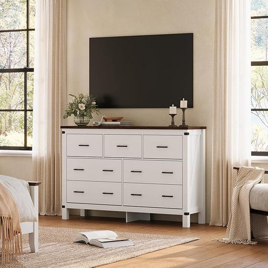 LINSY HOME Farmhouse Dresser for Bedroom with 7 Drawers, 53” Wide Rustic Wood Chest with Deep Drawer, Modern Dressers with Storage and Metal Handles for Closet, Living Room, Hallway, Off White