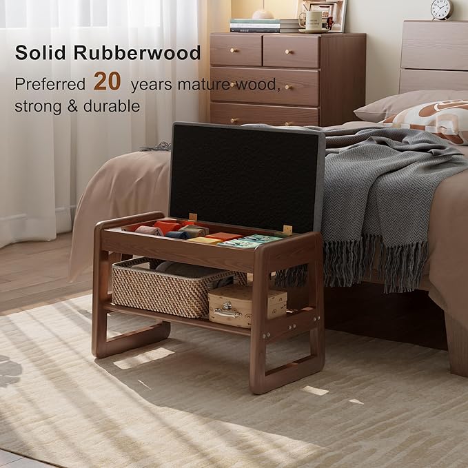 AQIMUELE Small Shoe Rack Bench,2 Tiers Shoe Bench with Storage with Flip-Top,Wood Shoe Rack for Entryway,Hallway(Walnut Upholstered Seat)