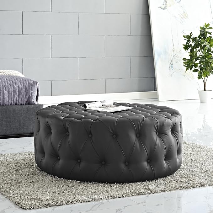 Modway Amour Faux Leather Button-Tufted Round Ottoman in Black